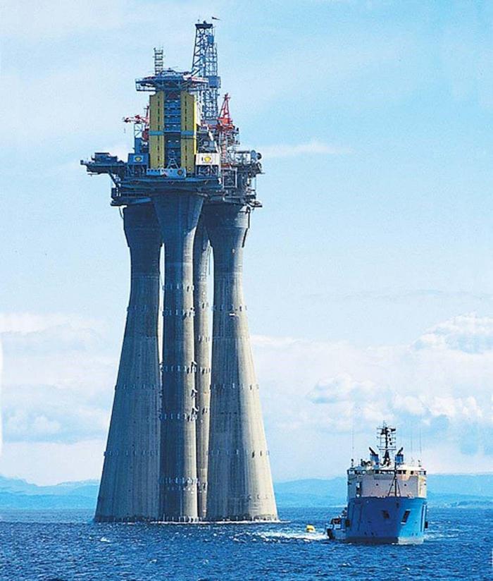 The 472m Troll A platform being towed in the North Sea. Half of the platform was submerged as it was towed. It is still to this day the heaviest object mankind has ever moved on the Earth.
