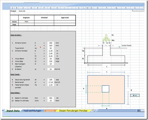 Download Spreadsheet Excel, Perencanaan Pondasi Telapak Bujur Sangkar