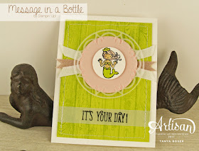Tinkerin-In-Ink with Tanya featuring Message in a Bottle stamp set from Stampin' Up!  with Hardwood background stamp and Happy Birthday Gorgeous stamp set. For the love of mermaids! Heat embossed background and watercolored mermaid with Eastern Medallion thinlits. Clickable supply list and a video tutorial on blog post