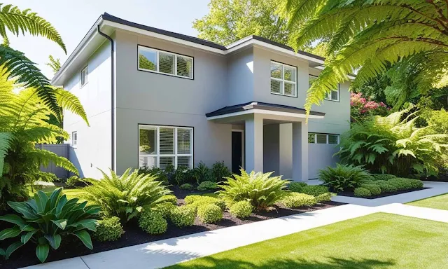 A modern two-story house surrounded by lush green plants and landscaping. The facade is coated with moisture-resistant exterior paint, providing long-lasting protection against weather conditions. The clean and smooth walls reflect the use of high-quality outdoor wall coating, ideal for resisting humidity and preventing wall damage. The surrounding greenery highlights the harmony between exterior home decor and nature, showcasing the importance of using weatherproof paint for durability and aesthetic appeal. منزل عصري مكوّن من طابقين، تحيط به نباتات وزهور خضراء تُضفي لمسة طبيعية على المكان. واجهة المنزل مطلية بـطلاء خارجي مقاوم للرطوبة والعوامل الجوية، بلون هادئ يعكس جمال الصباغة الخارجية الحديثة. الجدران ناعمة ونظيفة، مما يدل على استخدام أنواع دهان عالية الجودة تحمي البناء من التشقق وتسرب المياه. المنظر الطبيعي المحيط يُبرز التناسق بين الديكور الخارجي والنباتات المنزلية، ويُظهر أهمية الطلاء المقاوم للظروف المناخية في الحفاظ على جمالية الجدران الخارجية.
