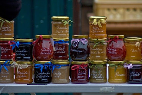 Shelf of colorful canned food