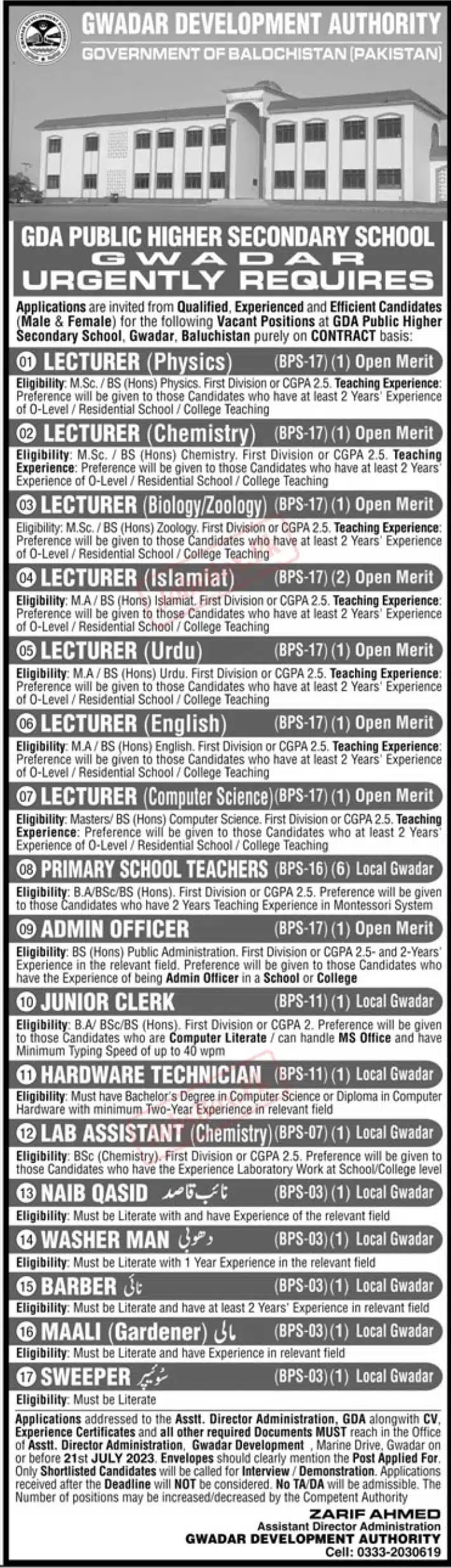 Latest Advertisement of Gwadar Development Authority GDA Jobs 2023