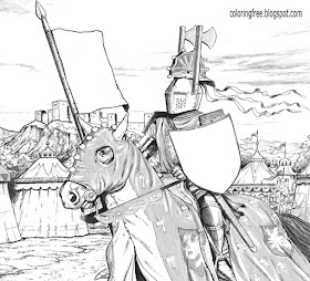 Holy Grail British mythology knight Heroes and Villains on horseback Dark Ages kids coloring pages