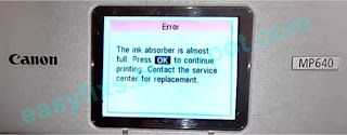 Operator Call Errors.The ink absorber is almost full on Canon MP540, MP550, MP560, MP620, MP630, MP640 Series