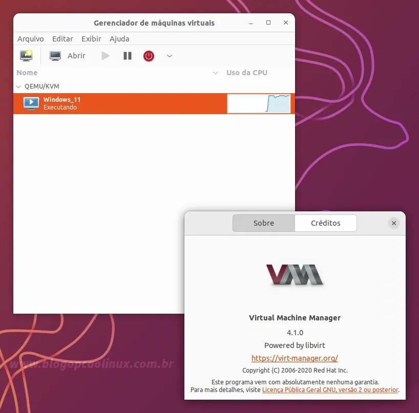 virt-manager executando no Ubuntu 22.10 (Kinetic Kudu)