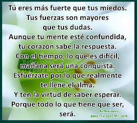 Tú eres más fuerte que tus miedos!  Tus fuerzas son mayores que tus dudas!  Aunque tu mente esté confundida,  tu corazón sabe la respuesta. 