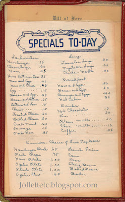 Valley Diner 1940s menu Specials Toms Brook VA https://jollettetc.blogspot.com