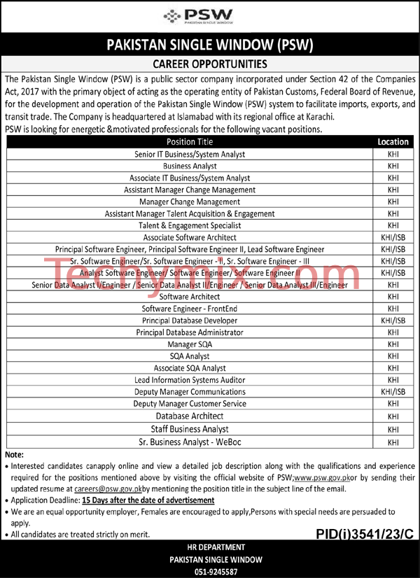 Most Recent Single Window PSW Job Opportunities in Pakistan Karachi Dec 2023 -Techymix