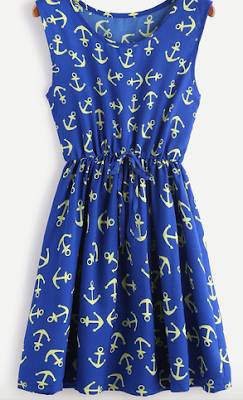 Dark-Blue-Anchor-Print-Drawstring-Waist-Dress