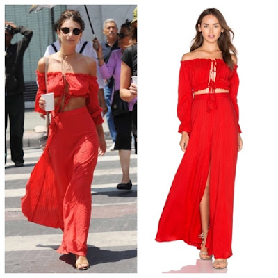 Emily Ratajkowski in Red Majorelle Sangria Off the Shoulder Button Up Crop Top and Maxi Skirt