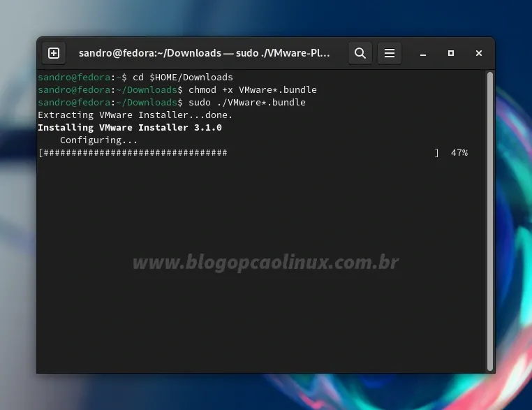 Processo de instalação do VMware Workstation no Fedora 39 pelo terminal