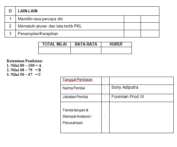 Contoh Form Penilaian KKP/PKL Riset dari Perusahaan 