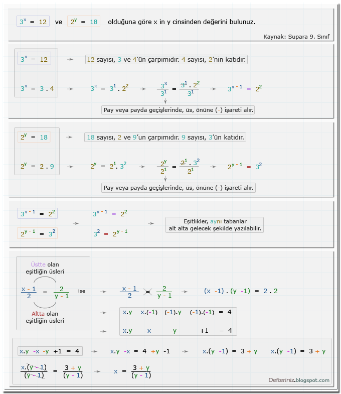 Örnek soru 20 » Üslü denklemler » üsler'in oranlandığı denklemler » x, y cinsinden değeri (Kaynak: Supara 9. Sınıf).