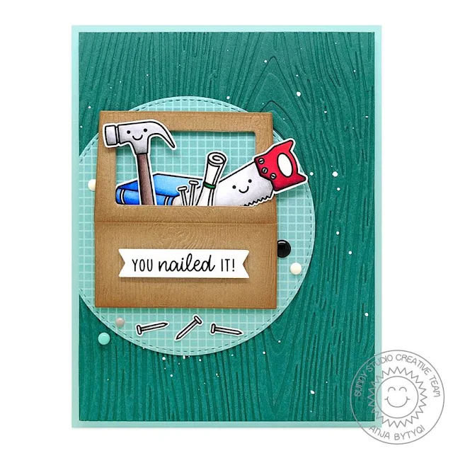 Sunny Studio Stamps: Tool Time Wrap Around Box Dies Grad Cat Woodgrain Embossing Folder Masculine Themed Card by Anja Bytyqi