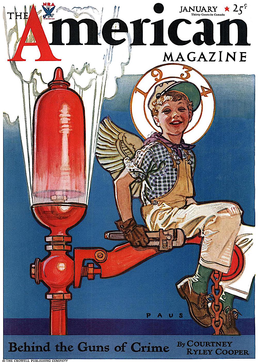 a Herbert Paus 1934 illustration for The American Magazine January, a modern cherub in industry