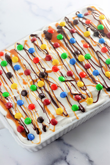 whole Ice Cream Sandwich Cake in a white baking dish.