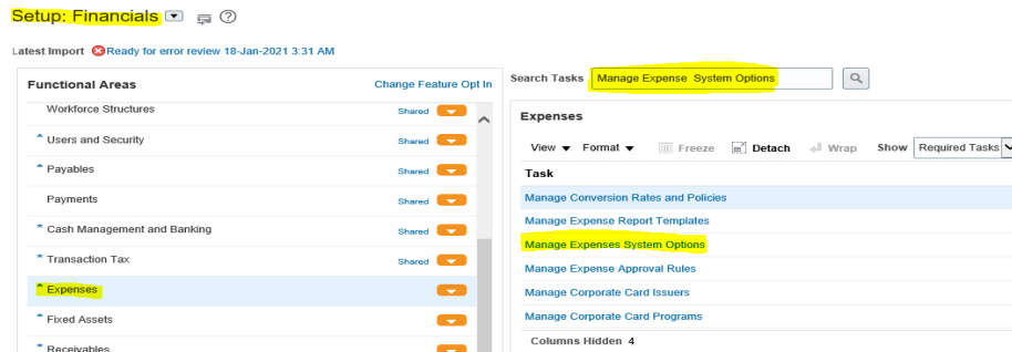 Define Expense System Options in Oracle Fusion