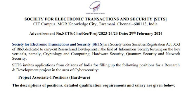 சென்னை SETS நிறுவனத்தில் வேலைவாய்ப்பு / SETS RECRUITMENT 2024