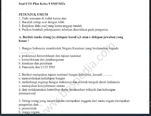 Soal UTS/PTS Pendidikan Kewarganegaraan (PKn) Kelas 9 Sem. Ganjil Kurikulum 2013