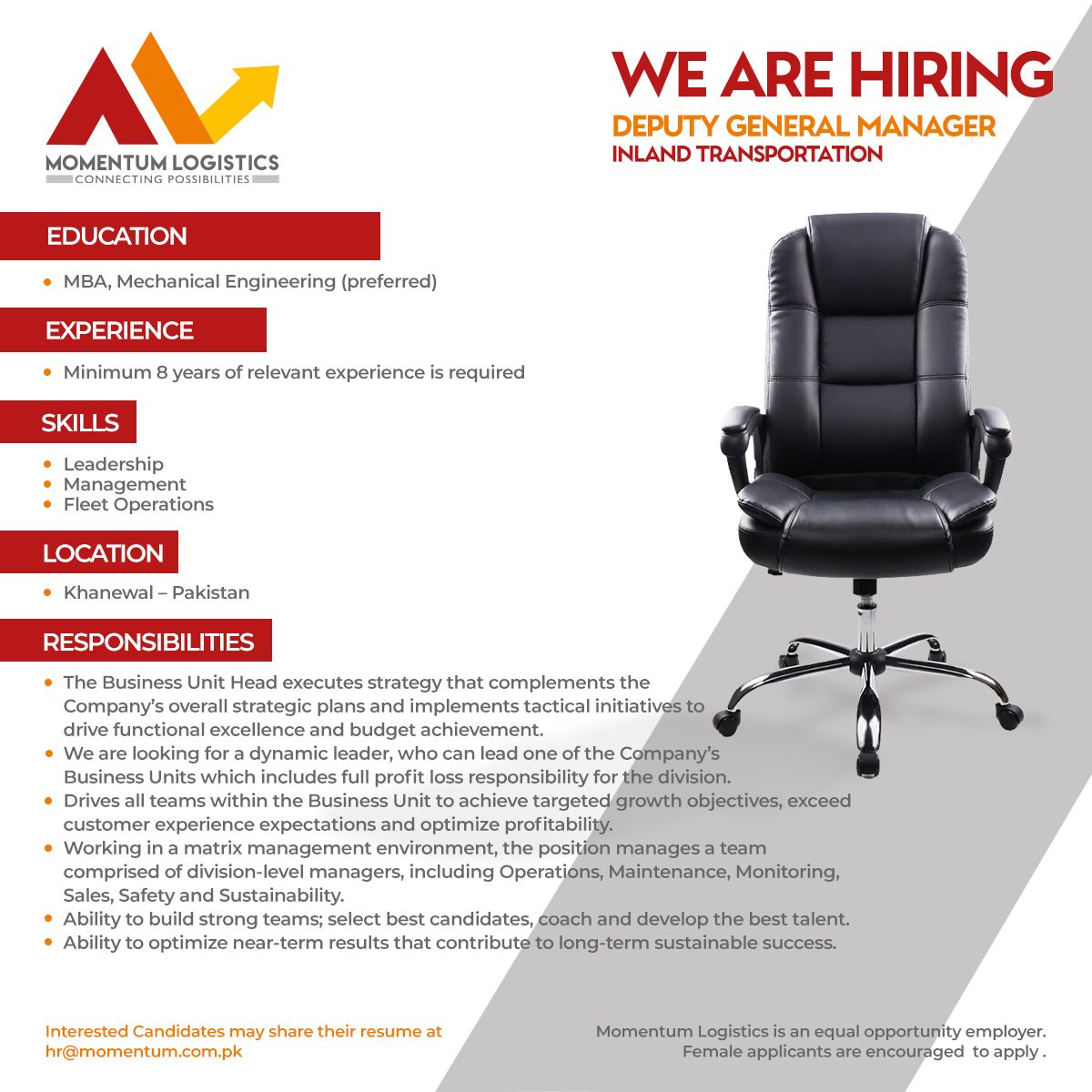 Momentum Logistics Pvt Ltd Looking for the Position of Deputy Generak Manager Inland Transportation