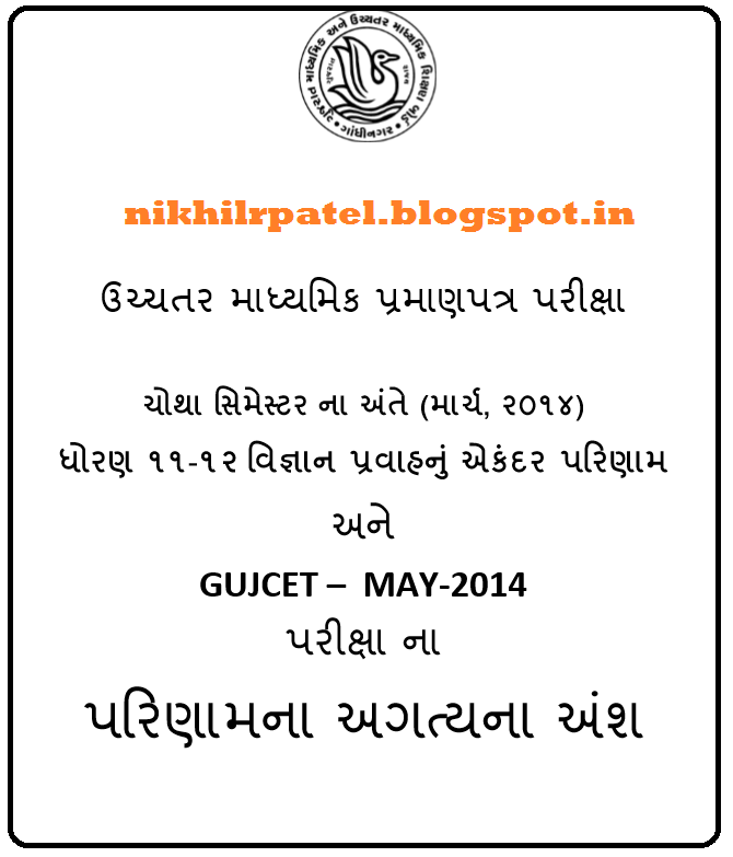 ધોરણ ૧૨ વિજ્ઞાન પ્રવાહ નું પરિણામ ૨૦૧૪ ની સપૂર્ણ માહિતી 