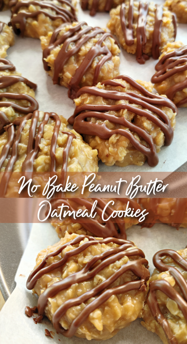 No-Bake Peanut Butter Oatmeal Cookies! A tried-and-true recipe for no-bake cookies made with peanut butter and oats topped with an easy cocoa drizzle icing.