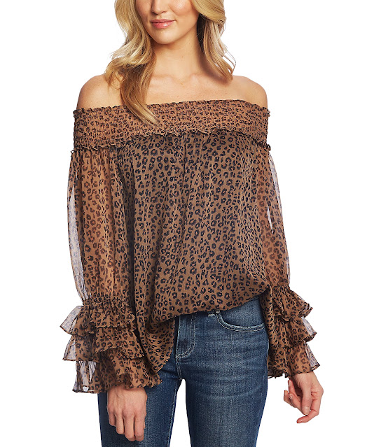 An off-shoulder ruffled top.