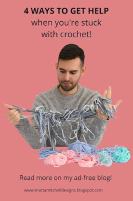 Text: 4 ways to get help when you're stuck with crochet, read more on my ad-free blog. Image: man with yarn wound and tangled round his fingers, balls of yarn to his right.