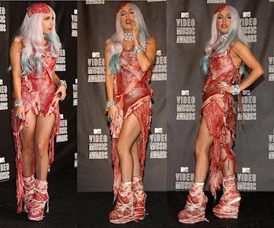 lady gaga meat dress shoes. Lady Gaga#39;s head turning meat