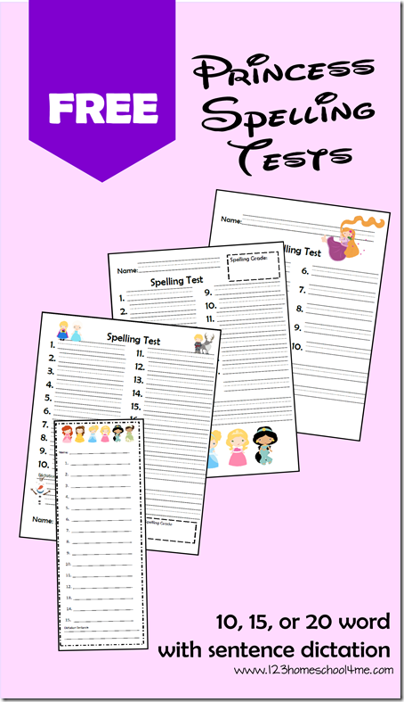 Free Printable Disney Princess Spelling Tests (Frozen Elsa, Tangled Ana, Cinderella, Sleeping Beauty, Belle ++) #spelling #homeschool #education 