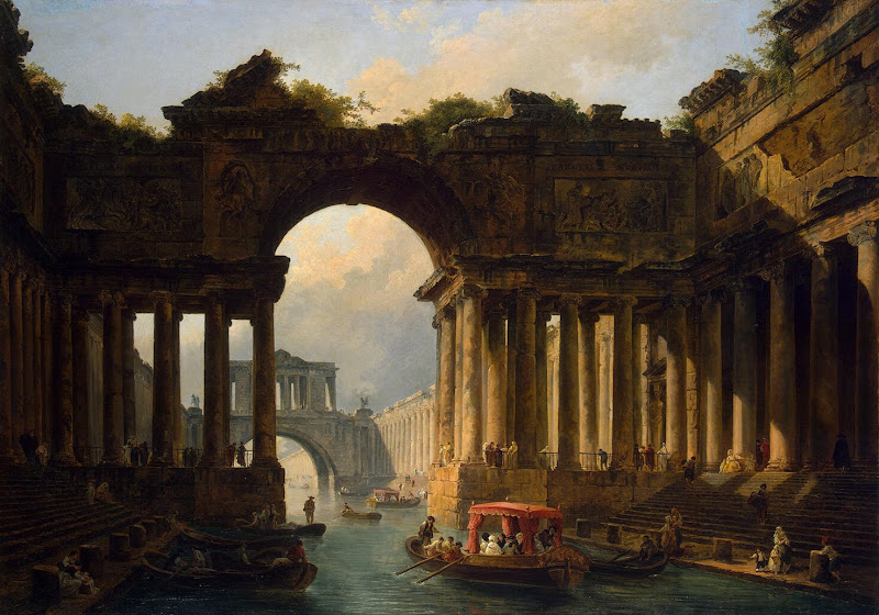 Architectural Landscape with a Canal by Hubert Robert - Architecture, Landscape Paintings from Hermitage Museum