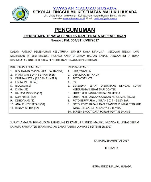 lowongan dosen, lowongan tenaga kependidikan, stikes maluku husada, agustus 2017