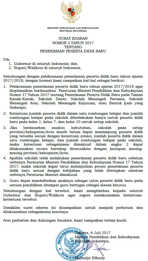 Surat Edaran Mendikbud Nomor 3 Tahun 2017 tentang PPDB Tahun Pelajaran 2017/2018