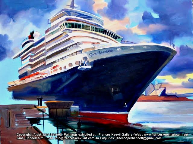 plein air oil painting of the 'Queen Elizabeth 2' docking at Circular Quay by maritime artist Jane Bennett