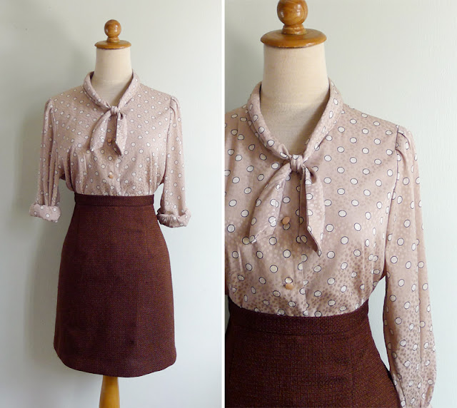 vintage ascot pussy bow beige blouse