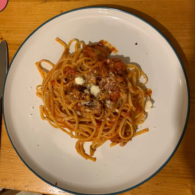 Pork linguini, with courgettes