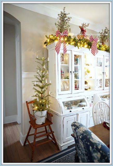 Cottage -Farmhouse- Christmas -Dining- Room -Vintage- High- Chair-Christmas-Tree-Tabletop-Enamel-Bucket-White-Cabinet--From My Front Porch To Yours