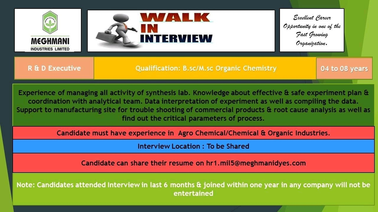 Job Availables, Meghmani Industries Ltd Walk In Interview For R & D Department For BSc/ MSc