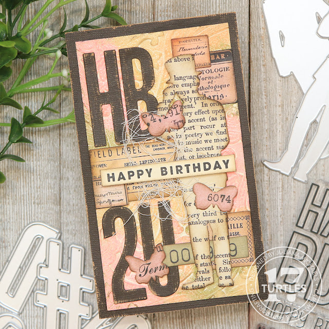Pink Feminine Happy Birthday Card by Juliana Michaels featuring the Tim Holtz Sizzix 2023 release including Entangled 3D Embossing Folder, Gentlemen Thinlit Dies and Alphanumeric Bulletin Thinlit Dies.