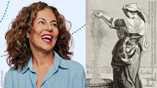 2 contrasting images of a woman The image on the left is from the Medicare.gov website, it’s a contemporary straight-on photo closeup of a smiling woman including her upper chest shoulders and head, wearing a light blue denim button shirt open at the neck, with long wavy reddish hair flowing, her face is turned up and to the left as she smiles broadly The image on the right is an antique engraving illustration of Italian woman wind winnowing in Roman countryside, published on Magasin Pittoresque, Paris, 1845 This woman is standing at a basket in an open field with her arms outstretched in front of her as she holds threshed grain in her hands, letting it slowly pour down to the basket as the wind separates the useful grain from the chaff