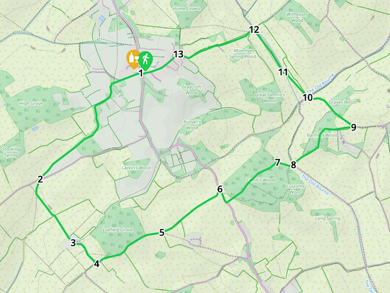 Map for Walk 59: The Burn's Green Loop Created on Map Hub by Hertfordshire Walker Elements © Thunderforest © OpenStreetMap contributors There is an interactive map at the end of these directions