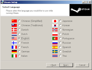 Installation dialog with flag icons asking user to pick a language. Retrieved Feb 2009.