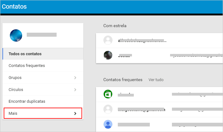 Opções dos contatos do Google - Mais