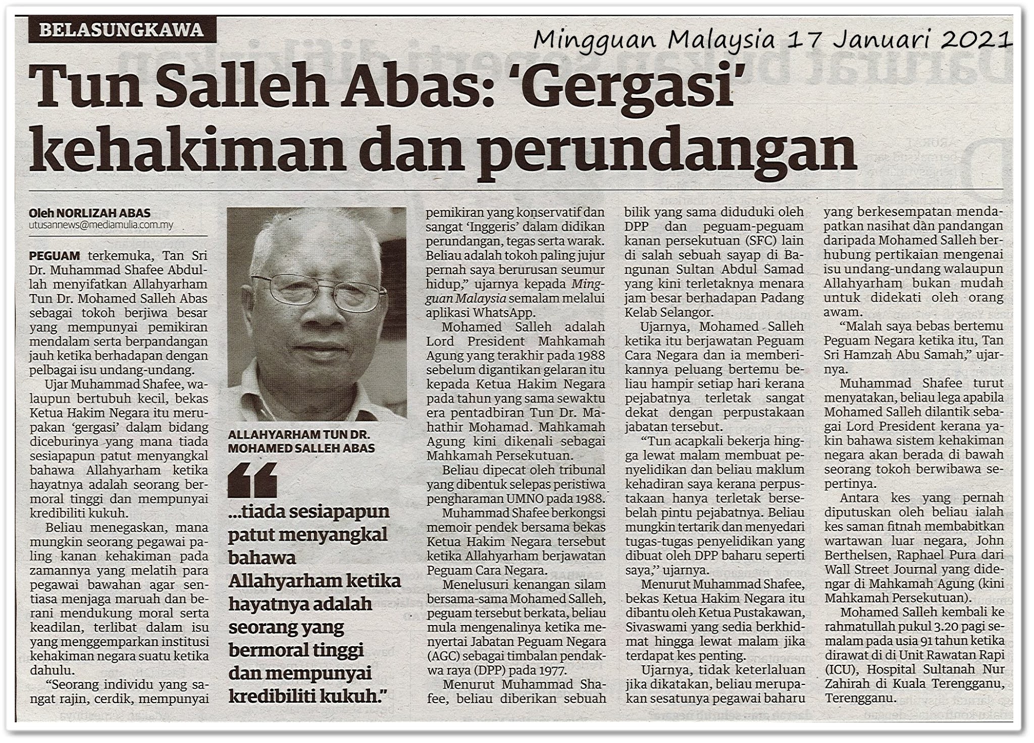 Tun Salleh Abas : Gergasi kehakiman dan perundangan - Keratan akhbar Mingguan Malaysia 17 Januari 2021