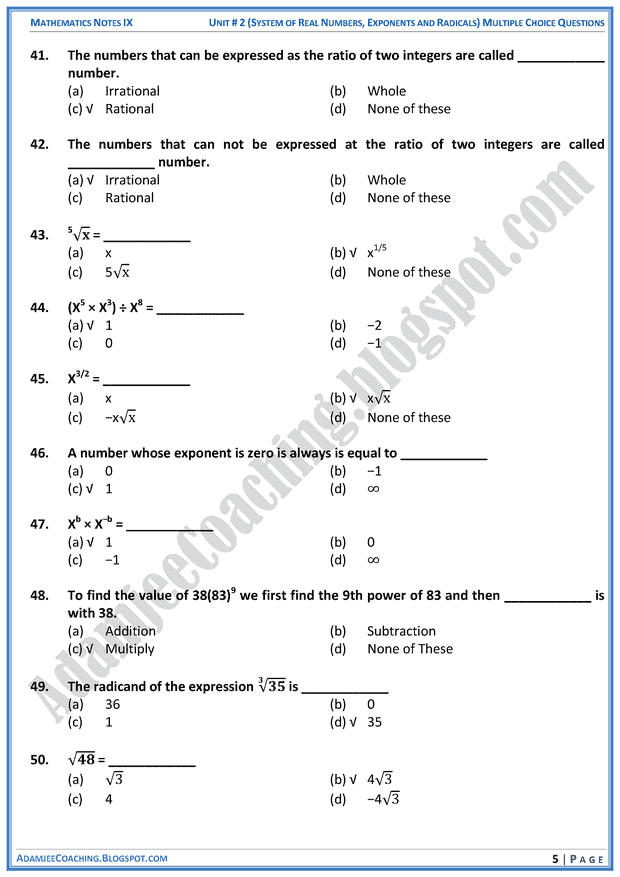 system-of-real-numbers-exponents-and-radicals-mcqs-mathematics-notes-for-class-10th