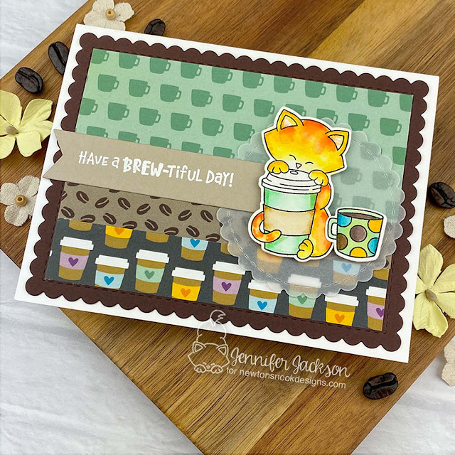 2023 Spring/Summer Coffee Lovers Blog Hop | Brew-tiful Day Coffee & Cat Card by Jennifer Jackson | Newton Loves Coffee Stamp Set, Time for Coffee Stamp Set, Coffee House Stories Paper Pad, Frames and Flags Die Set and Circle Frames Die Set by Newton's Nook Designs #newtonsnook #handmade