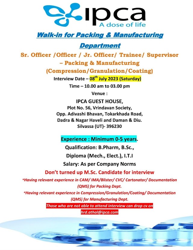 IPCA Laboratories | Walk-in interview for Freshers and Experienced on 8th July 2023