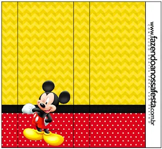 Mickey in Yellow, Zigzag and Red Background: Free Printable Candy Bar Labels.