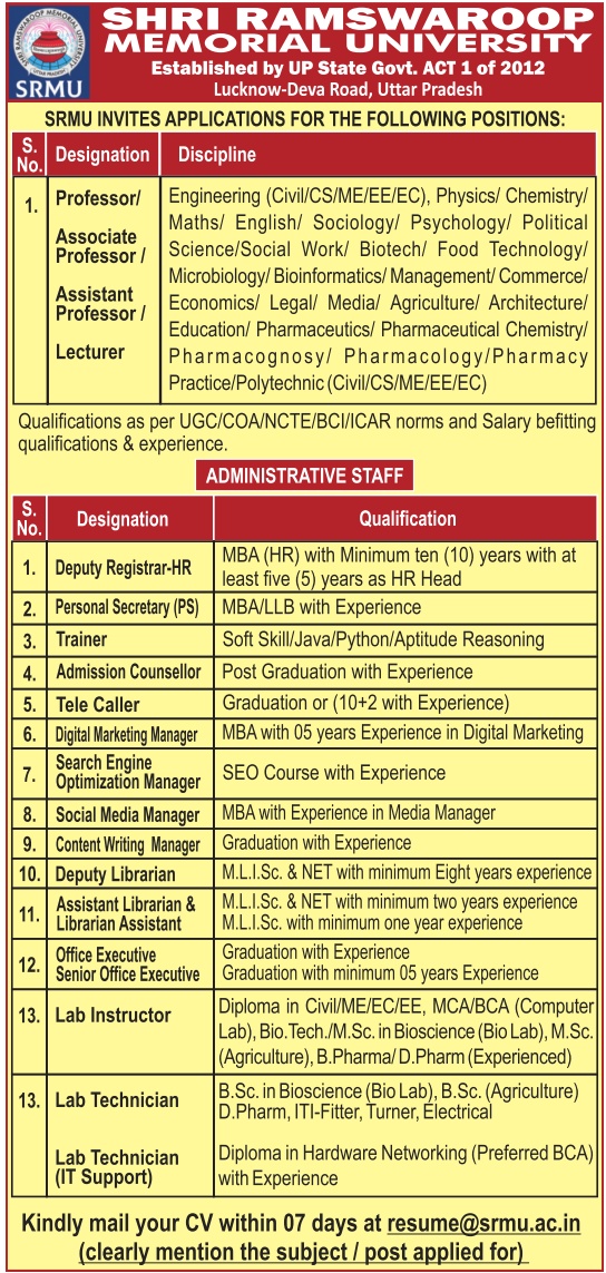 SRMU Lucknow Faculty Jobs | Biotech/Microbiology/Bioinformatics 