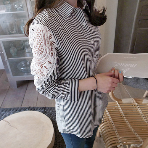 Striped Shirt w/ Laced Shoulder 